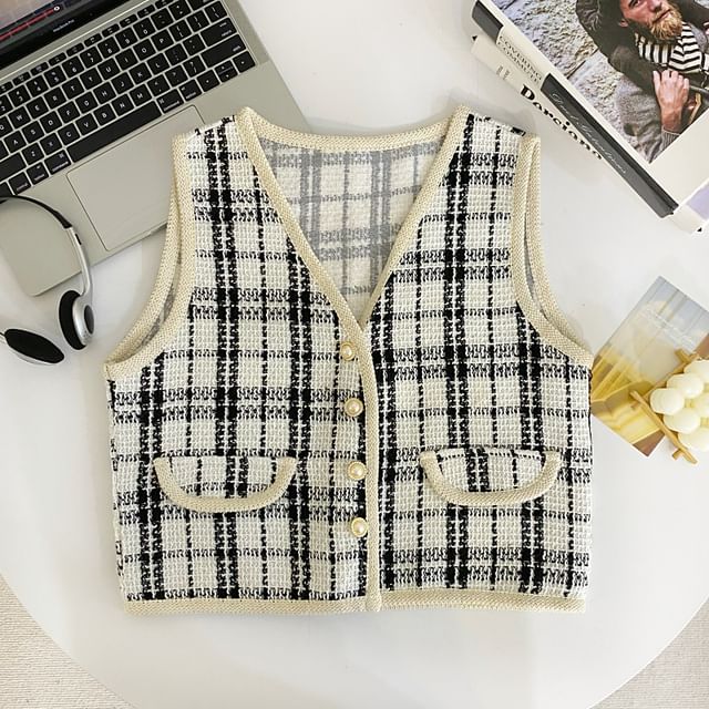 V-Neck Plaid Tweed Button Cropped Vest