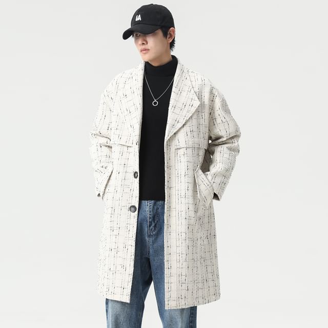 Collared Tweed Button-Up Long Coat