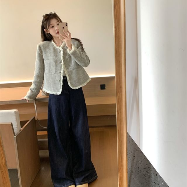 Crew Neck Frayed Button-Up Tweed Jacket / High Waist Washed Wide Leg Jeans