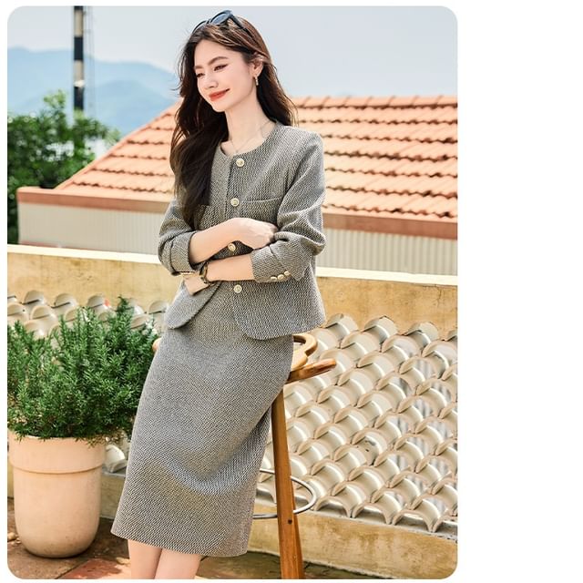 Button-Up Tweed Jacket / High Waist Maxi Skirt / Set