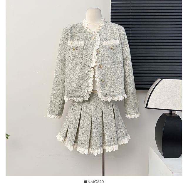 Set: Lace-Trim Tweed Jacket + Pleated Mini A-Line Skirt