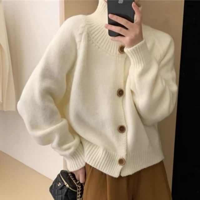 Stand Collar Solid Knit Cardigan