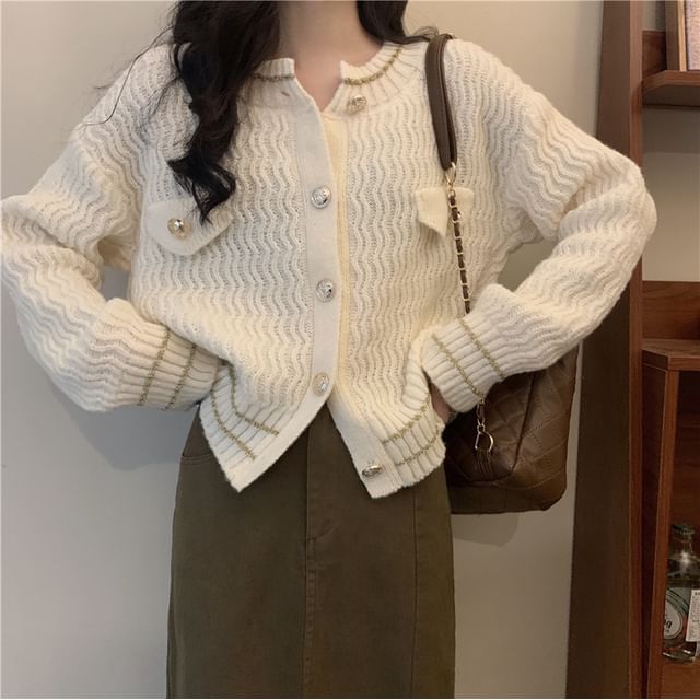 Faux Pearl Button Round Neck Striped Cardigan
