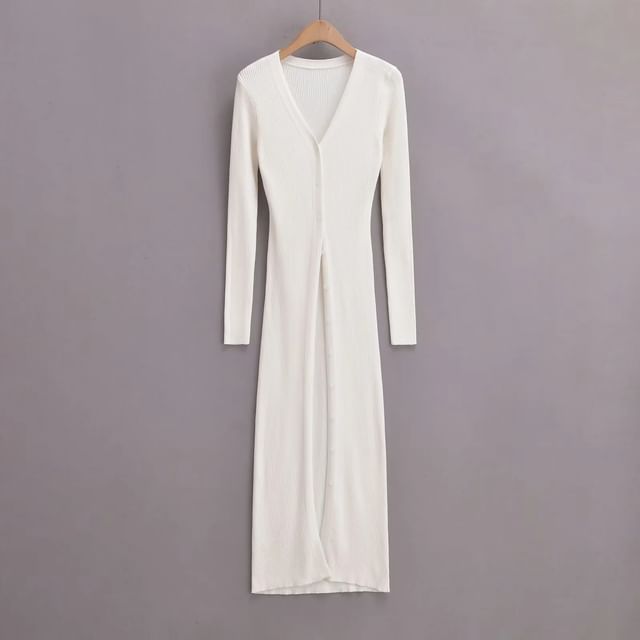 Button-Front Solid Long Knit Cardigan