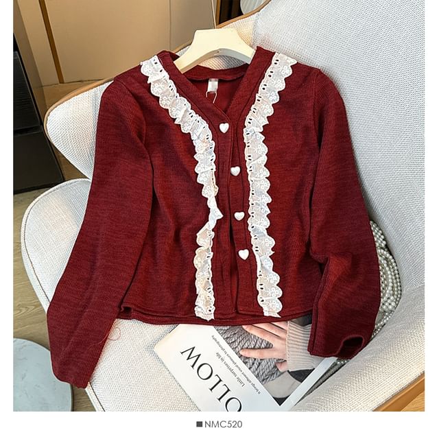 Lace-Trim V-Neck Knit Jacket