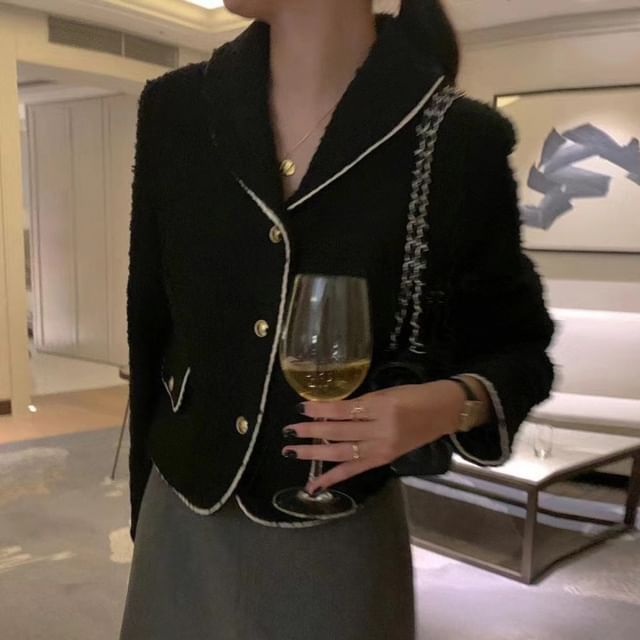 Collared Contrast Trim Tweed Button Jacket