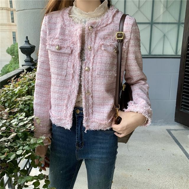 Crewneck Plaid Tweed Button-Up Jacket