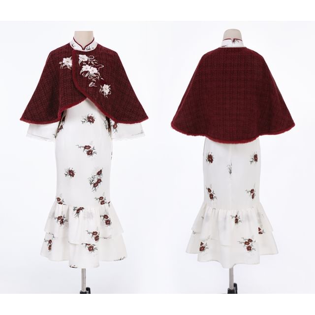 Long Sleeve Mandarin Collar Floral Print Ruffle Midi Mermaid Dress / Round Neck Floral Embroidered Tweed Capelet / Set