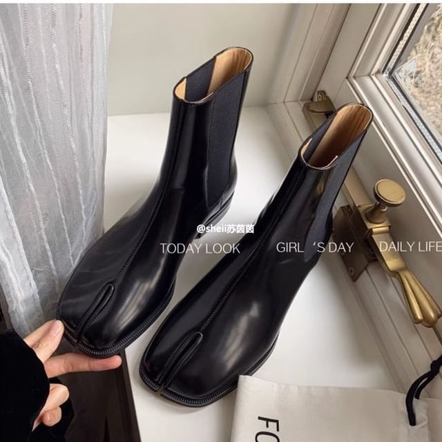 Chunky Heel Split Toe Plain Genuine Leather Short Chelsea Boots
