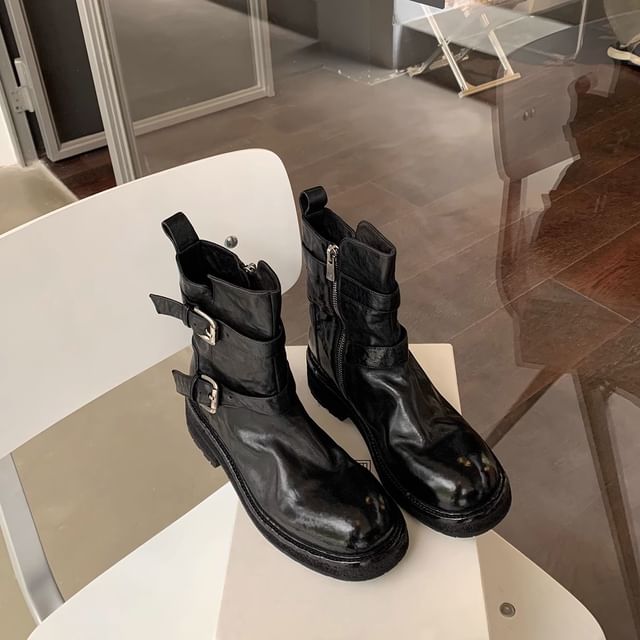 Platform Boots Genuine Leather Buckled Plain Short