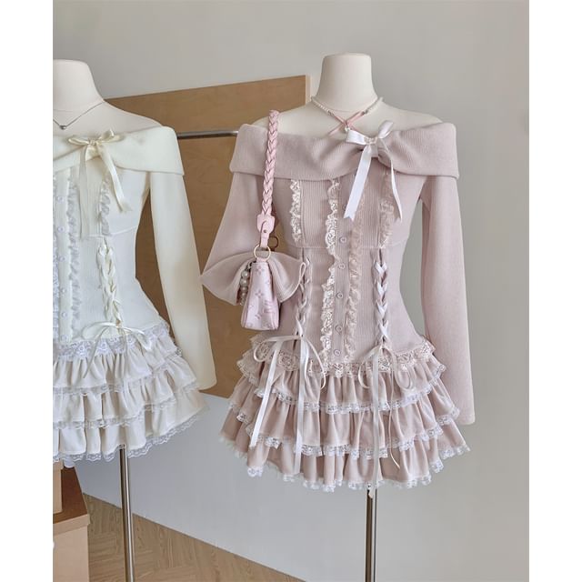 Off Shoulder Bow Ruffle Top and Tiered Mini Skirt Set