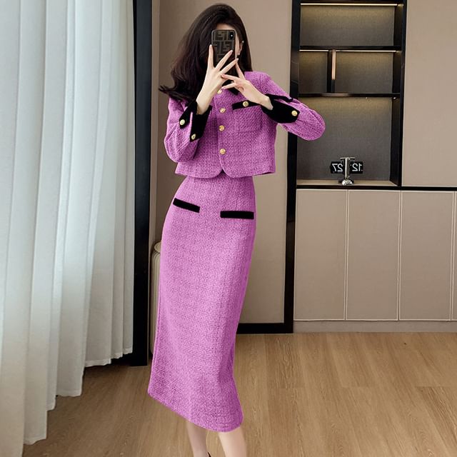 Set: Tweed Crop Button Jacket + High Waist Midi Pencil Skirt