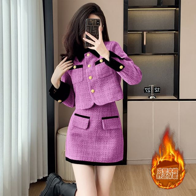 Set: Tweed Crop Button Jacket + High Rise Mini A-Line Skirt