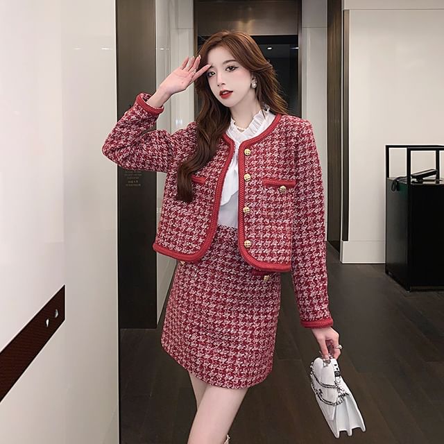 Set: Houndstooth Tweed Button-Up Jacket + High Waist Mini A-Line Skirt