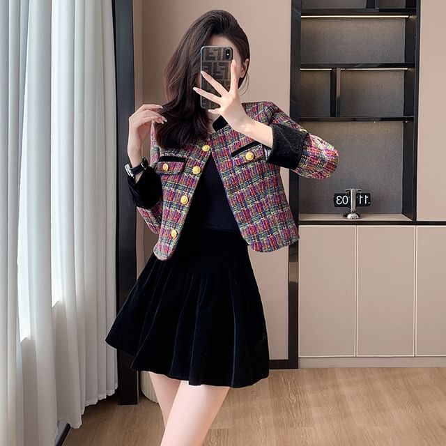 Round Neck Plaid Tweed Button Jacket / High Waist Plain Velvet Mini A-Line Skirt / Set