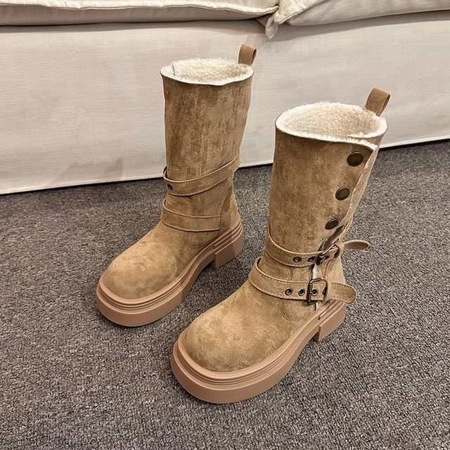 Boots Fur Mid Calf Buckled Faux