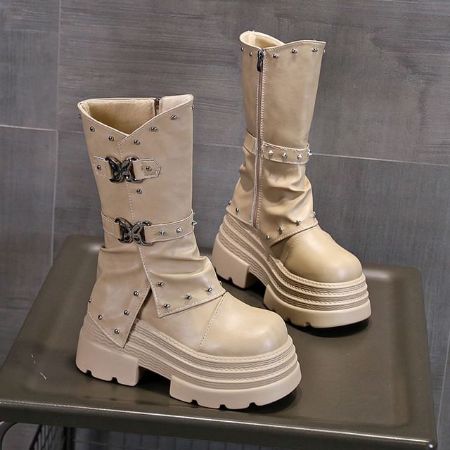 Calf Platform Mid Buckle Boots