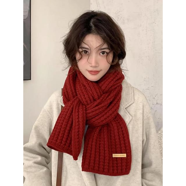 Lettering Embroidered Plaid / Plain Scarf