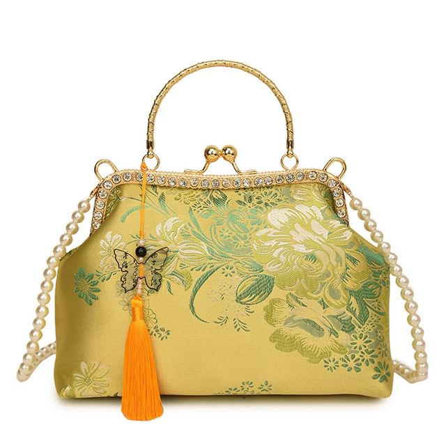 Faux Pearl Strap Kiss Lock Floral Embroidered Tassel Crossbody Bag