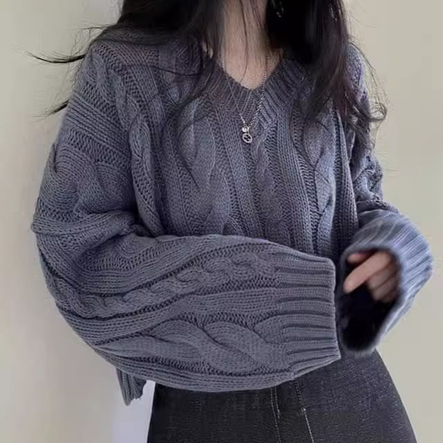 V-Neck Cable-Knit Cropped Jumper Sweater