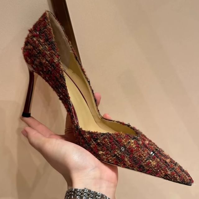 Stiletto Tweed Pumps Pointed Toe Sequin
