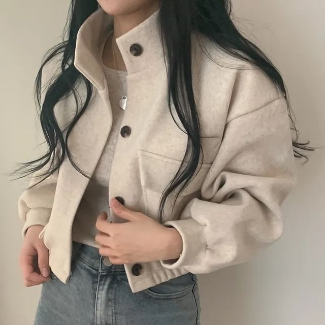 Stand Collar Single-Breasted Woolen Croped Jacket