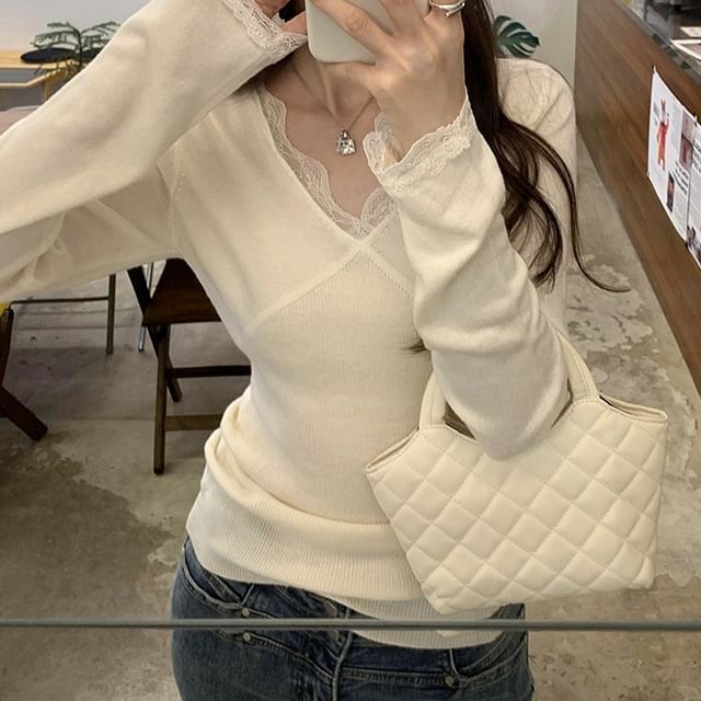 Slim-Fit V-Neck Lace-Trim Knit Top