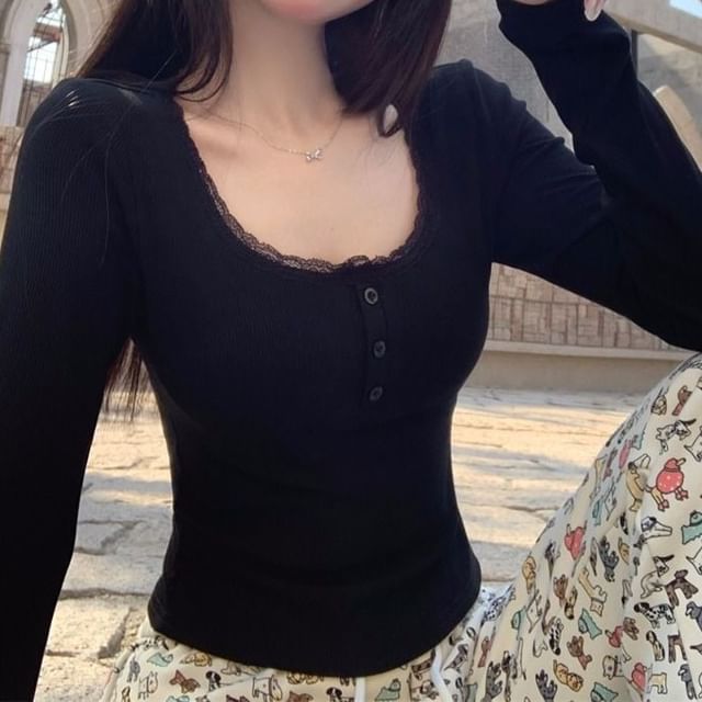 Scoop Neck Padded Button Lace-Trim Long-Sleeve Tee