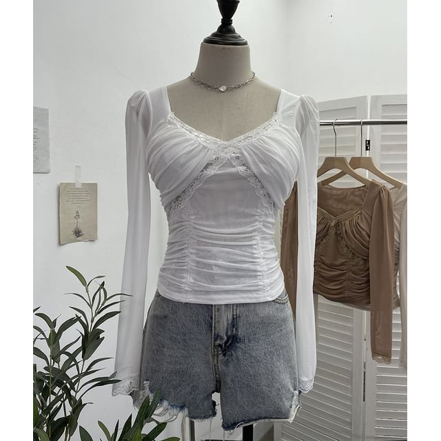 Ruched Mesh V-Neck Lace-Trim Crop Top