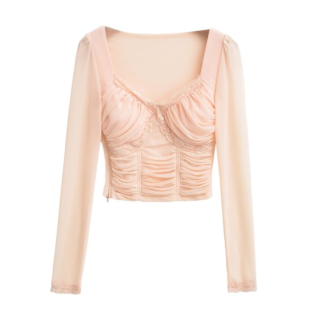 Ruched Crop Lace-Trim Slim Long-Sleeve Tee
