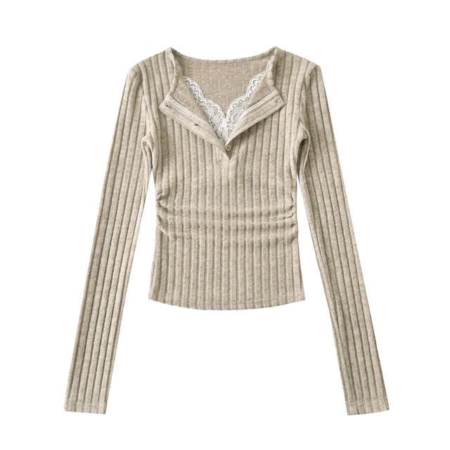 Split Neck Mock Two-Piece Ruched Lace Crop Tee