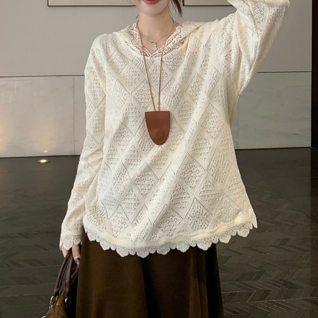 Melange Cardigan with Lace Hoodie