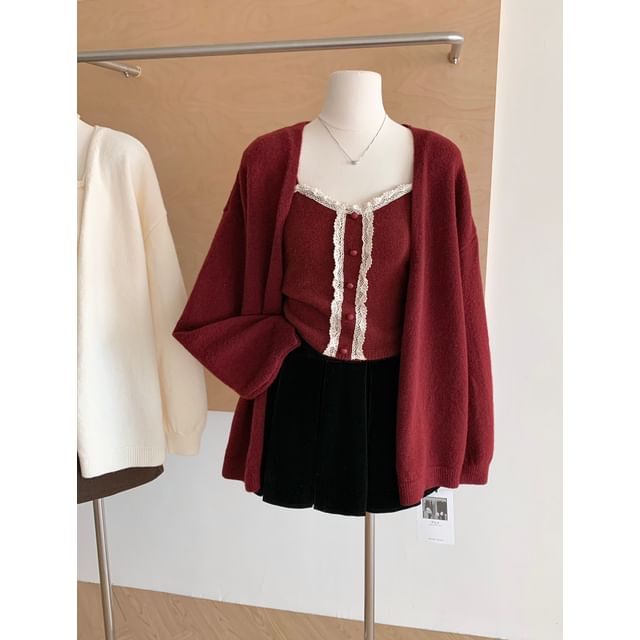 Lace-Trim Knit Camisole & Open-Front Cardigan Set
