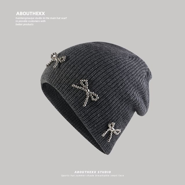 Bow Metallic Knit Beanie Studded