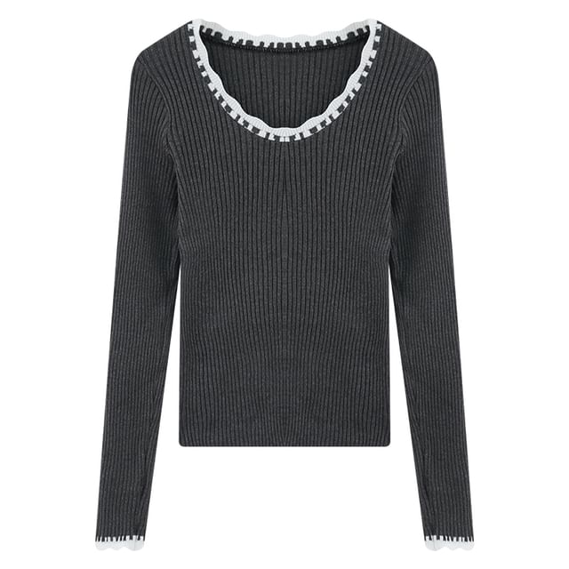 Square Neck Lace-Trim Crop Knit Top