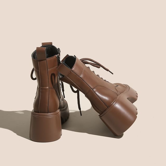 Short Boots Leather Platform Lace-Up Genuine Plain