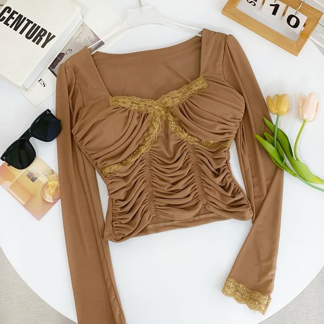Mesh Crop Ruched Lace-Trim Slim Long-Sleeve Top