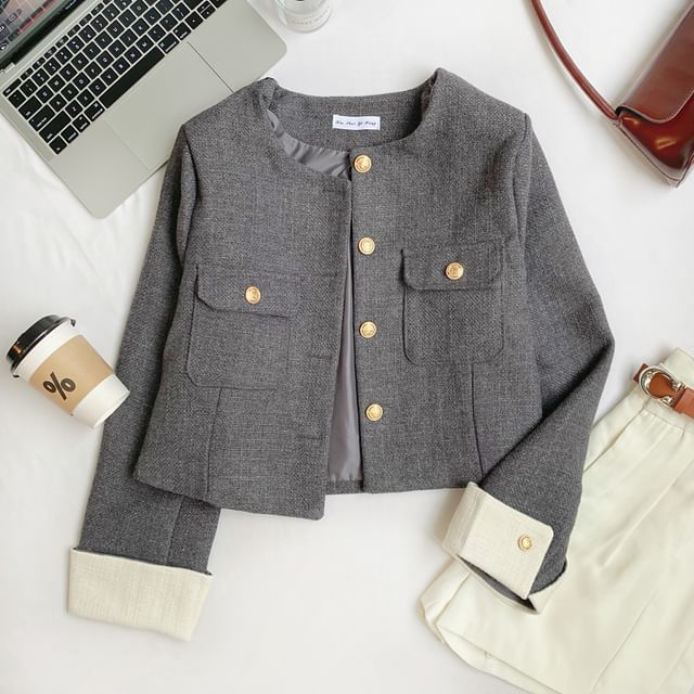 Round Neck Tweed Button Jacket