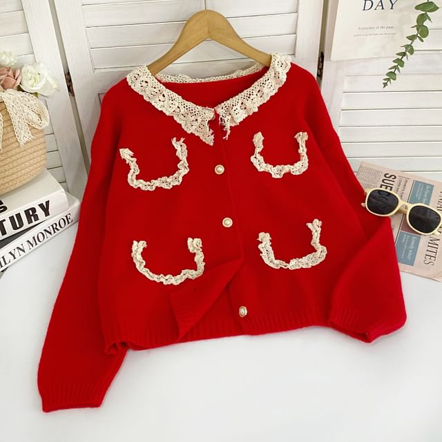 Faux Pearl Button Cardigan with Lace Collar