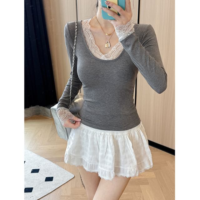 Lace-Trim V-Neck Slim Top