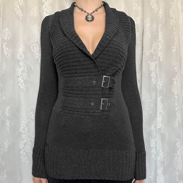 Plain V-Neck Up Cropped Buckle Sweater