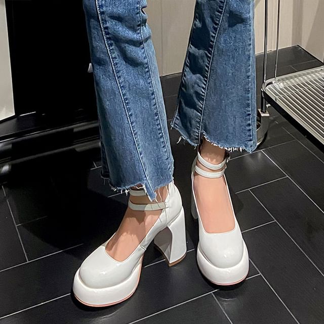 Pumps Toe Jane Heel Round Platform Chunky Mary