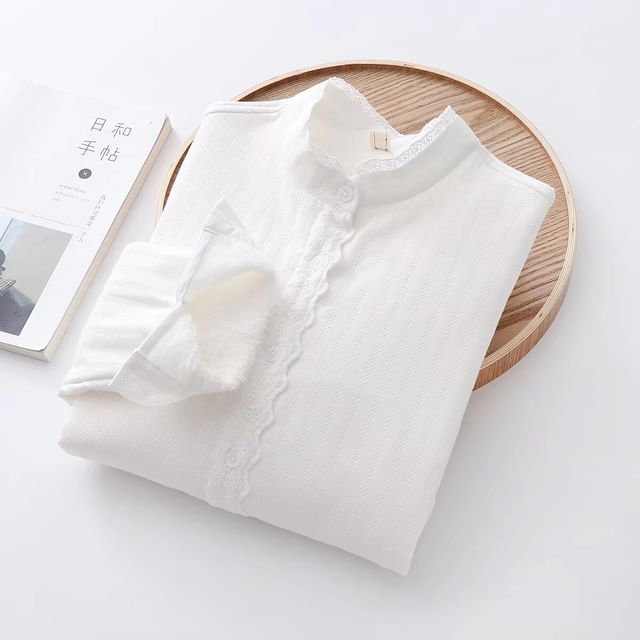 Band Collar Lace-Trim Long-Sleeve Shirt