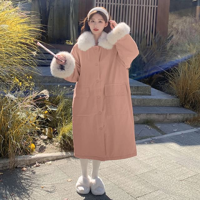 Fluffy Collar Button-Up Coat