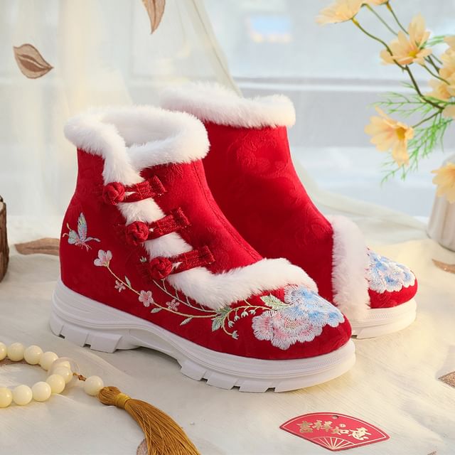 Floral Trim Lace-Up Short Boots Furry Embroidery