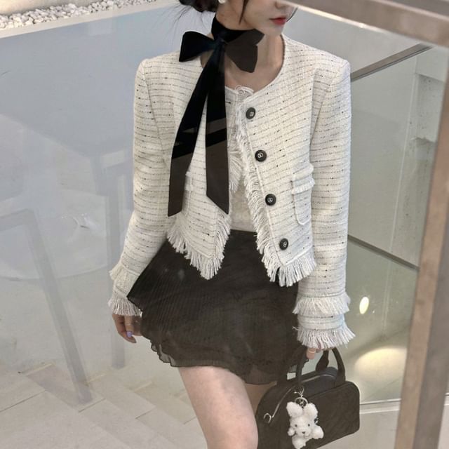 Round Neck Fringed Tweed Crop Button Jacket