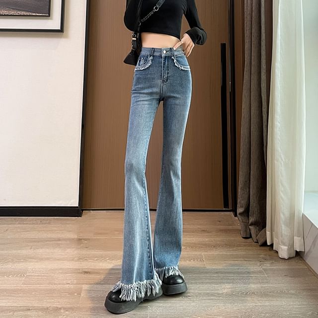 Waist Designs) Flared (Various Hem High Pants Fringed