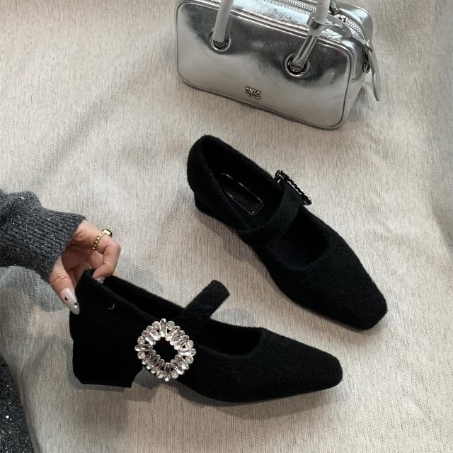 Square Heel Pumps Rhinestone Buckled Mary Toe Jane Block