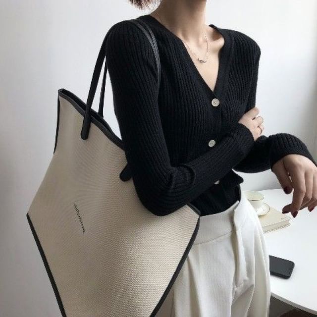 Ribbed V-Neck Plain Cardigan