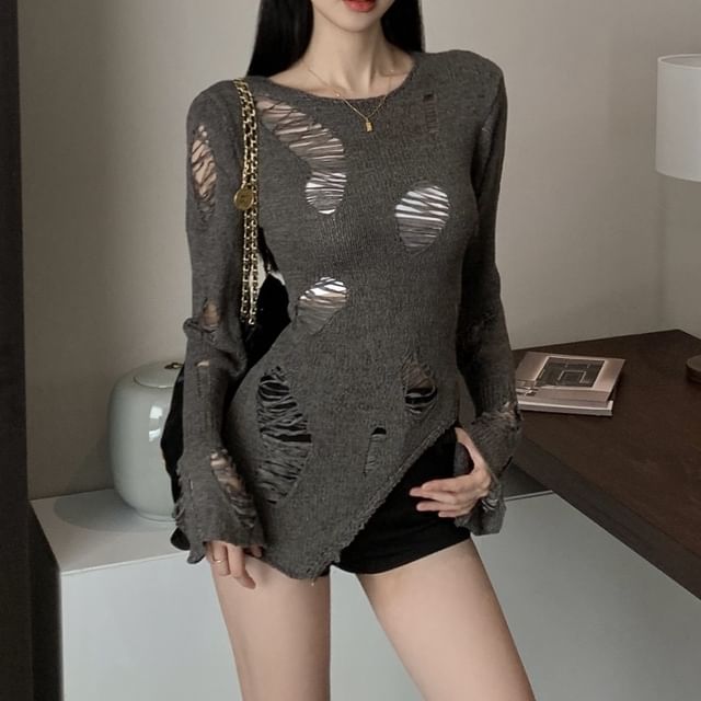 Distressed Plain Top Long Knit Neck Sleeve Crew